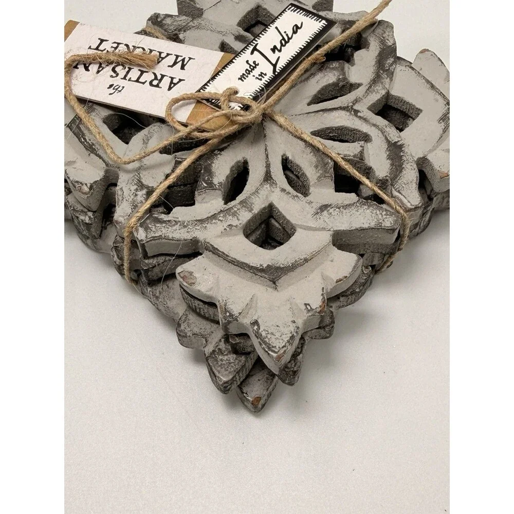 Artisan Market Hand Carved Wood Coasters Gray Distressed Set of 4 Farmhouse 4x4